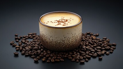 A perfectly brewed latte in a ceramic cup with a layer of coffee beans artistically arranged around it