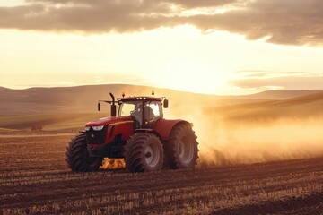 Obraz premium Red Tractor Plowing Fields at Sunset