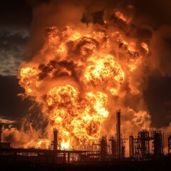 Obraz premium Massive industrial explosion with flames and smoke engulfing a refinery at night 