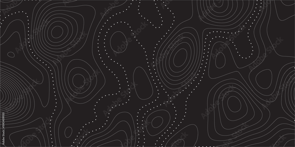 Poster Abstract white on black background Topographic line map pattern. Contour elevation topographic and textured Background Modern design with black background with topographic wavy patted.	