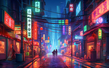 Night street with vibrant neon city lights