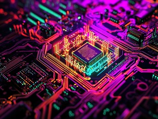 Fototapeta premium Vibrant Neon Computer Chip Art: Stunning Glass-Encased Design on a Black Circuit Board, Perfect for Tech-Inspired Posters and Modern Home Decor.