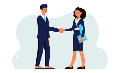 Fototapeta premium Business metaphor. Business topics - partnership. Flat style modern outlined vector concept illustration. Young man and woman shaking their hands confirming the agreement, contract or partnership. 