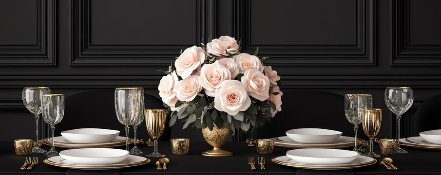 Elegant dining setup with pink roses, gold accents, and fine tableware on a dark backdrop.