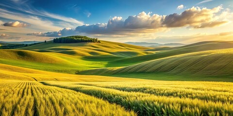 Obraz premium Rolling hills of golden wheat and green pastures Low Angle