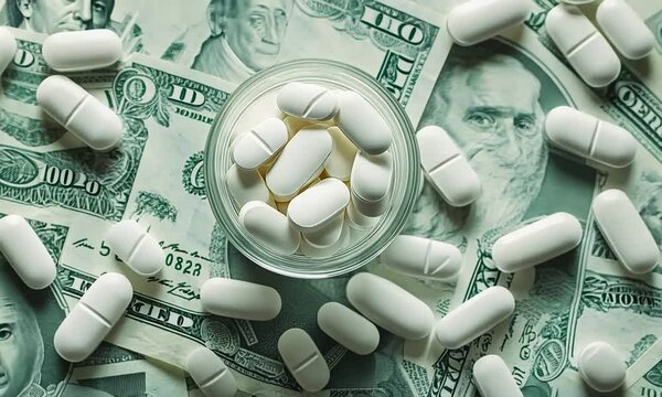 A glass of white pills on a bed of money bills.