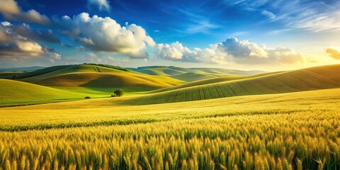 Rolling hills of golden wheat and green pastures