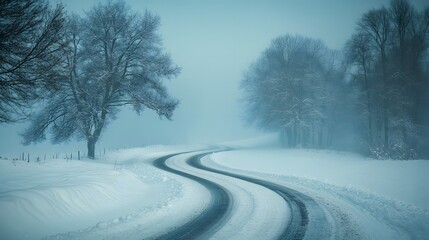Snowy winter landscape with winding road, deep tire tracks. Bare trees lined with snow, misty ethereal atmosphere, soft diffused lighting.