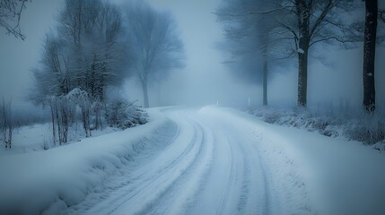Obraz premium Snowy winter landscape with winding road, deep tire tracks. Bare trees lined with snow, misty ethereal atmosphere, soft diffused lighting.