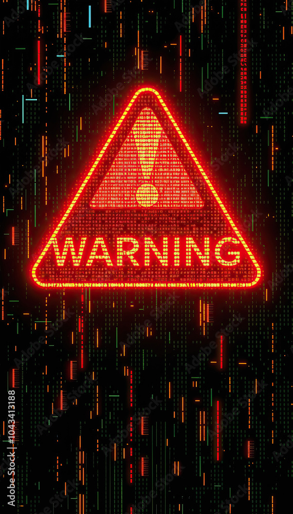 Aufkleber digital warning sign with red triangle hazard symbol neon glitch futuristic cyber hacking threat technology background vertical format