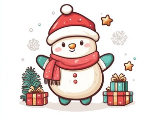 Cute Cartoon Snowman with Christmas Gifts and Decor