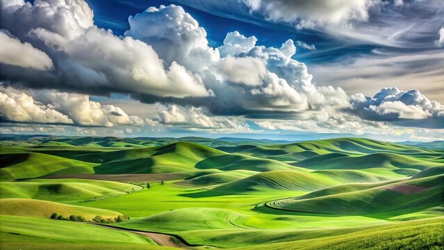 Rolling hills of the Palouse in early summer with cloudy sky