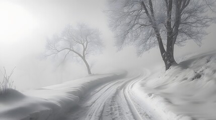Snowy winter landscape with winding road, deep tire tracks. Bare trees lined with snow, misty ethereal atmosphere, soft diffused lighting.