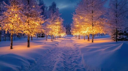 Naklejka premium A snowy winter wonderland at night, with trees glowing from sparkling fairy lights in the distance