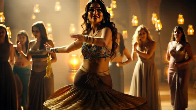 woman performs a belly dance in a warm, dimly lit room, surrounded by other women. She wears traditional attire with flowing skirts and jewelry