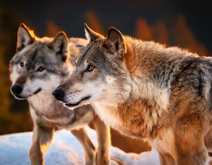 Fototapeta premium Two Gray wolf, Canis lupus in the winter forest. Wolf in the nature habitat