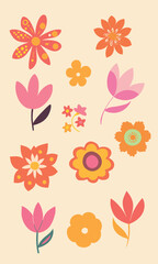 Groovy abstract flower art set. Organic doodle shapes in trendy naive retro hippie 60s 70s style. Contemporary poster and background. Floral botanic vector illustration in pink, yellow, orange colors.