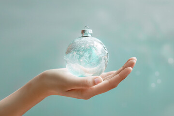 A hand holding shimmering glass ornament with sparkling details against soft backdrop during the holiday season.