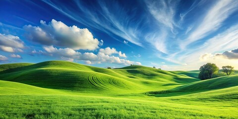 Obraz premium Rolling hills with lush green grass and a bright blue sky Low Angle