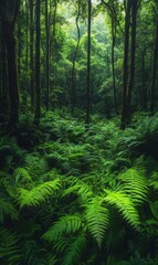 Fototapeta premium Dark and lush undergrowth in a temperate forest, with ferns and moss covering the forest floor