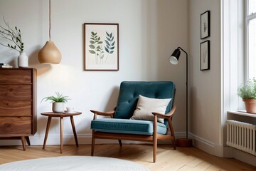 Scandinavian living room focusing on a lounge chair at the corner with decor in a wooden accent.