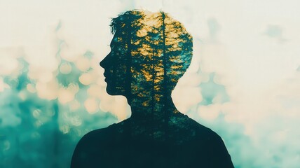 A silhouette of a person blends with a forest scene, symbolizing a connection between humanity and nature.