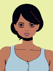 Young african american woman with short curly hair looking at the camera. Pretty girl face. Isolated flat vector illustration with a female character. Portrait of a beautiful black woman.