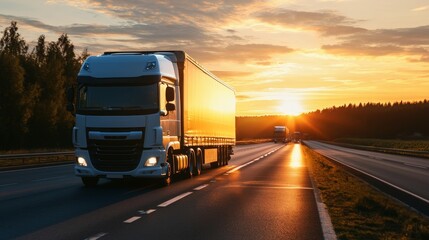 A truck travels along a highway at sunset, with vibrant golden hues and trees silhouetted against the glowing sky.