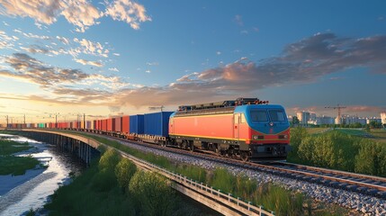A vibrant freight train travels along a lush landscape under a colorful sky, highlighting the beauty of rail transport and nature.