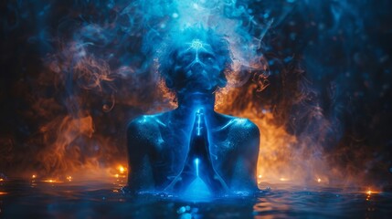 Obraz premium An image of a person with blue light shining from their throat chakra symbolizing clear communication and selfexpression as well as the importance of speaking ones truth.