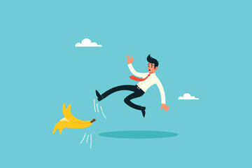 Fototapeta premium Businessman Sprinting and Stumbling on Giant Banana Peels in a Race to Success