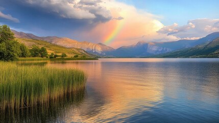 A tranquil lake bordered by tall grass and trees, with a rainbow sky hovering over scenic mountains