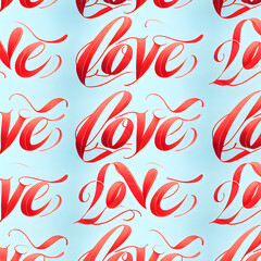 Obraz premium Watercolor seamless pattern of letters LOVE and red hearts on a blue background