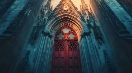 Tall Gothic Cathedral Door with Intricate Carvings in Stunning Architectural Detail