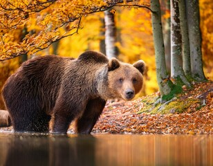 Fototapeta premium Brown bear in autumn scenery