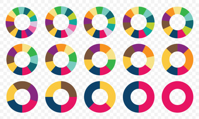 Pie chart infographic set. Circle diagram collection with sections or parts. Segmented circle icons for infographic, data analysis, web design, ui or presentation. Vector illustration. EPS 10.