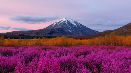 Naklejka premium Majestic Mountain Peak with Purple Wildflowers and Autumn Foliage
