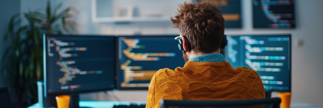Programmer working on code with multiple monitors, focused on software development in a modern workspace with casual attire.