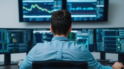 Rear view of a financial analyst monitoring market trends on multiple screens, analyzing stock data in a modern office setting.