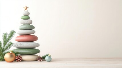 Obraz premium Natural Christmas tree alternative, made from stacked stones and handmade decorations, sustainable holiday concept, earthy neutral tones