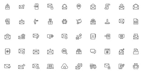 Postal and email line icons collection. Message, envelope, mailing, postal letter, post office and mailbox outline icon set