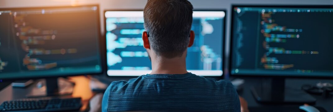 Rear view of a programmer working on multiple computer screens with code. Evening light enhances focus on coding and technical work.