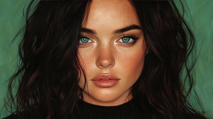 Fototapeta premium Beautiful Woman Portrait Green Eyes Brunette Long Hair