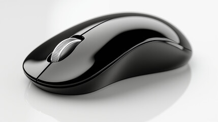 Modern black computer mouse on gray background, technology peripherals close-up view