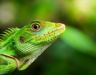Close view of a common green forest lizard