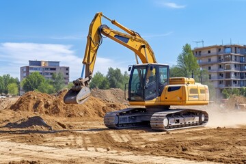 Obraz premium Excavator at a busy construction site under the bright sun during the warm summer day