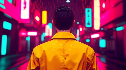 Fototapeta premium Neon City Rain Man in Yellow Raincoat