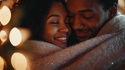 Happy couple embracing during cozy holiday moment. Merry Christmas
