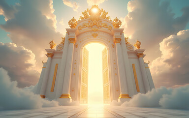 Shimmering golden heaven gates in the sky, celestial archway, golden light, radiant clouds, divine bridge,