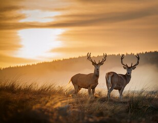 Fototapeta premium Silhouetted Red Deer during the annual deer rut in Europe